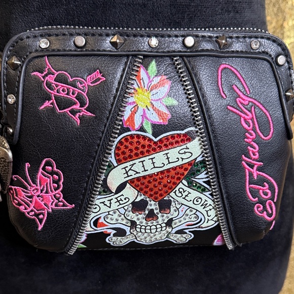 Ed Hardy Black Crossbody Bag with Pink and Red Accents - Picture 5 of 16